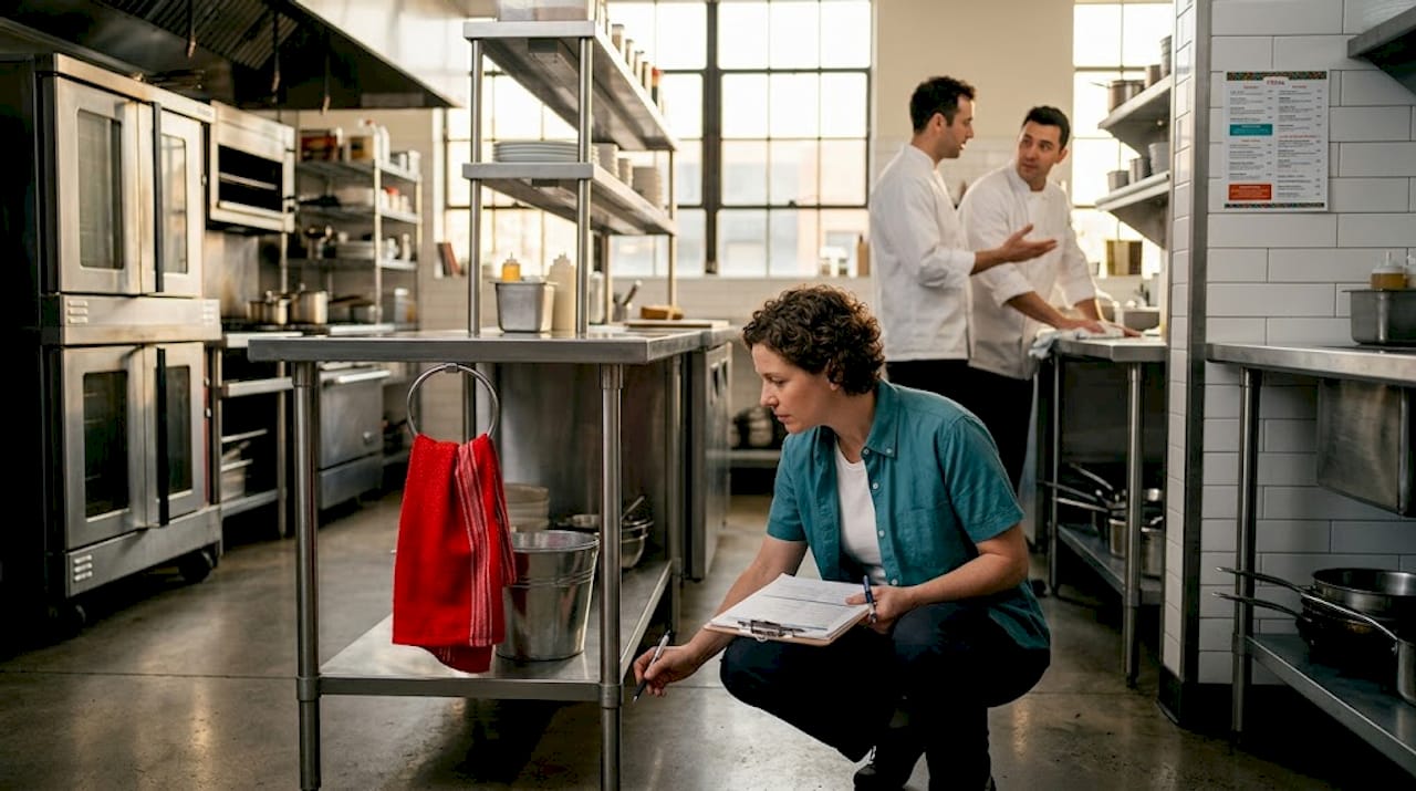 Health inspector checking under kitchen counter