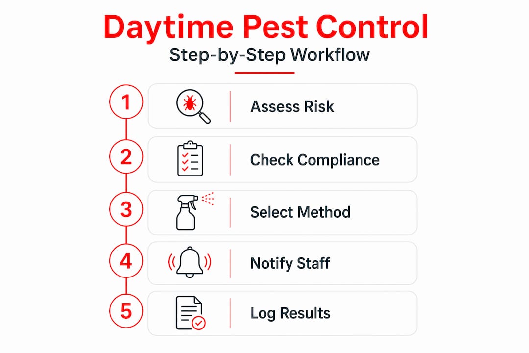 Infographic showing daytime pest control workflow steps