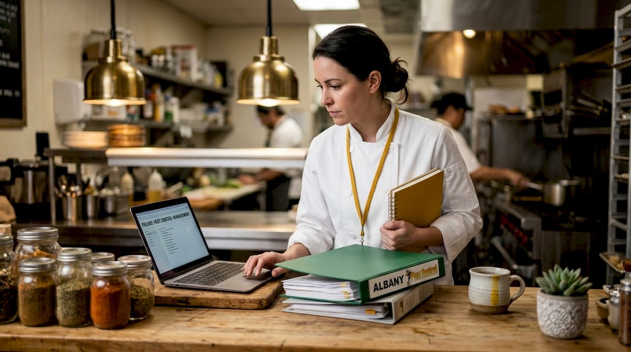 Manager organizing pest control records in kitchen