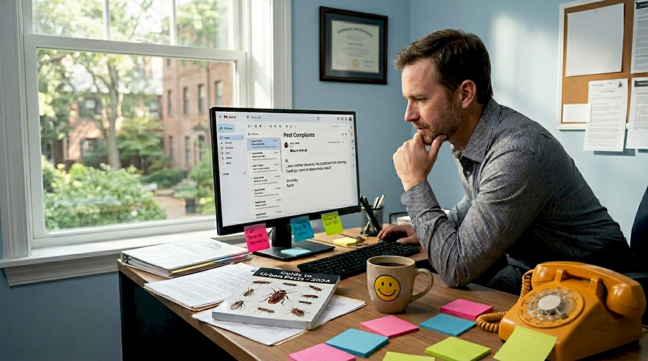 Property manager handling pest complaints at desk