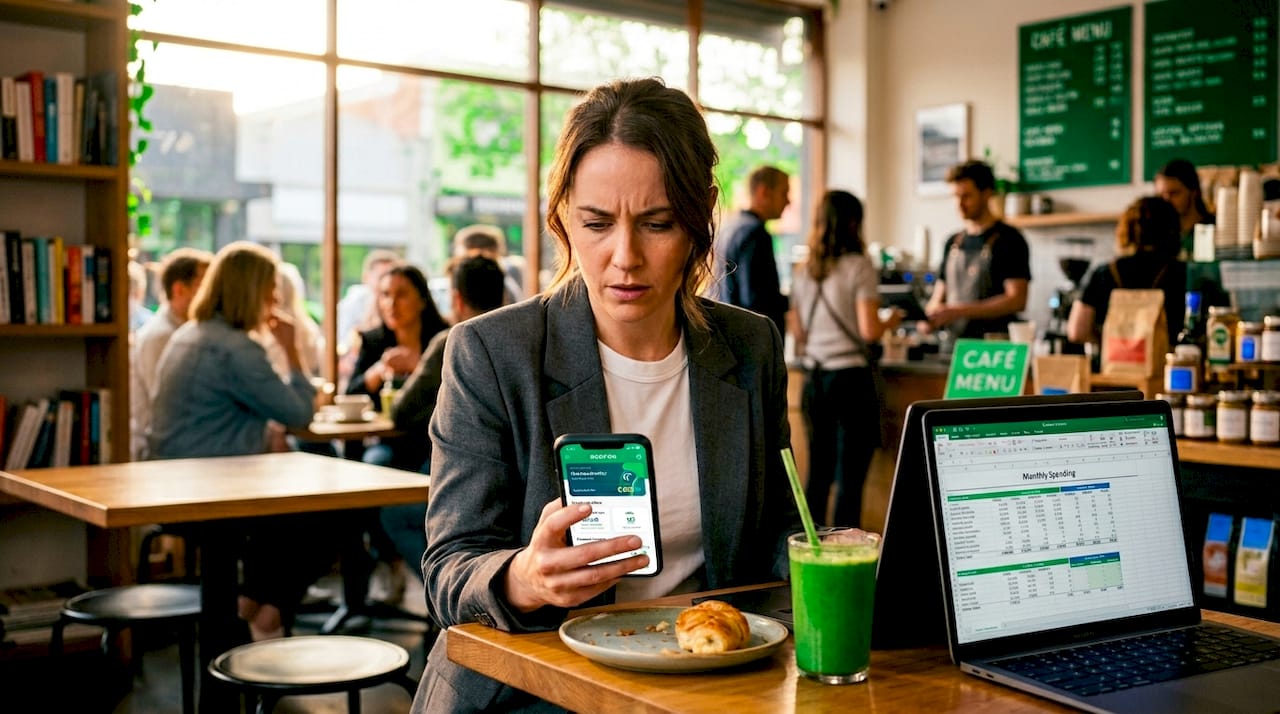 Woman checking cashback app at messy table