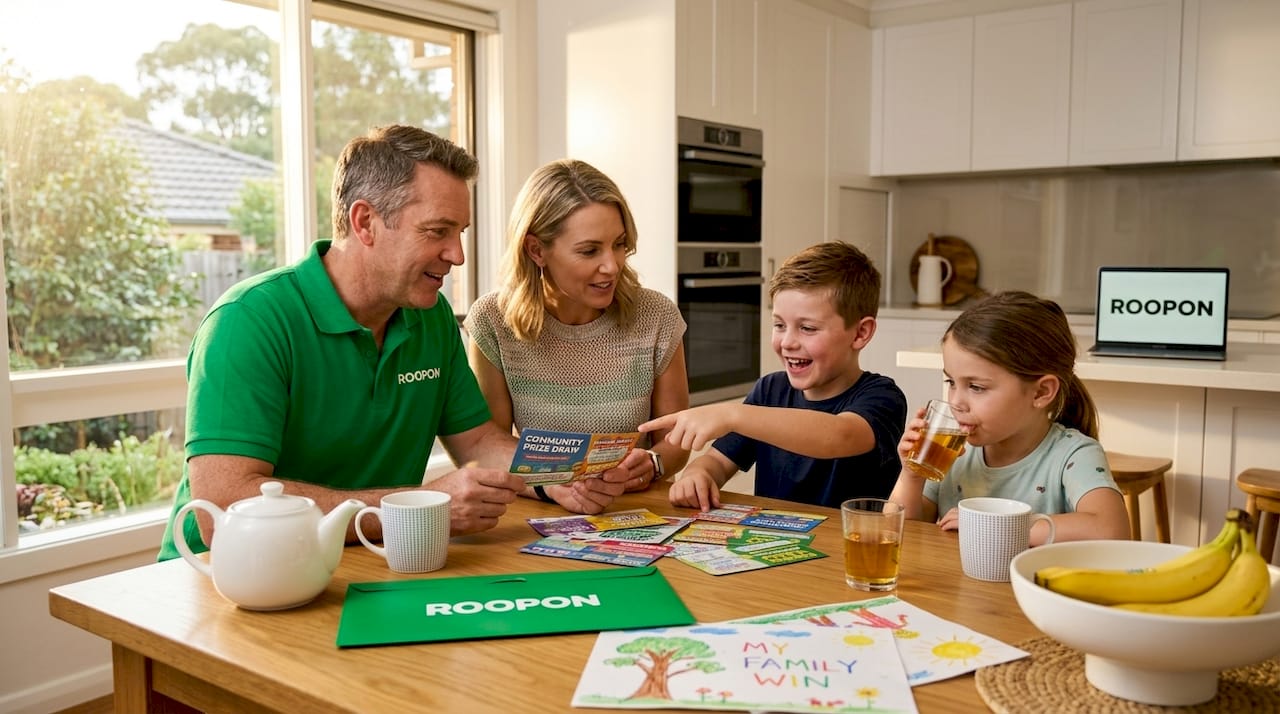Australian family reviewing prize draw tickets at kitchen table