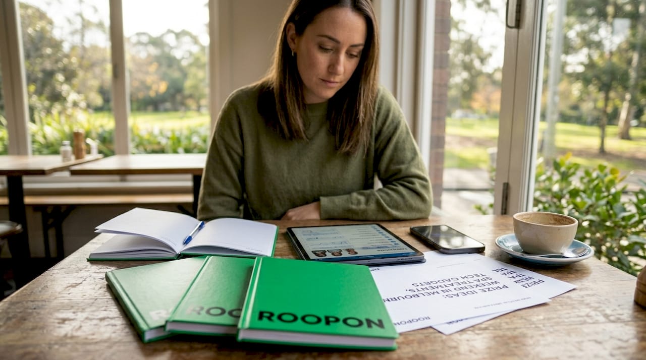 Researcher reviewing giveaway prize categories in café