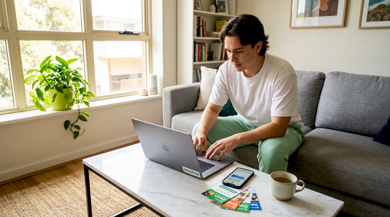 Person sharing deals online from living room