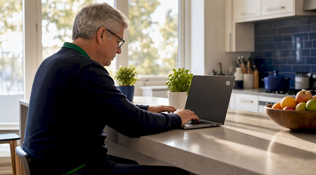 Man using desktop computer to share deals online