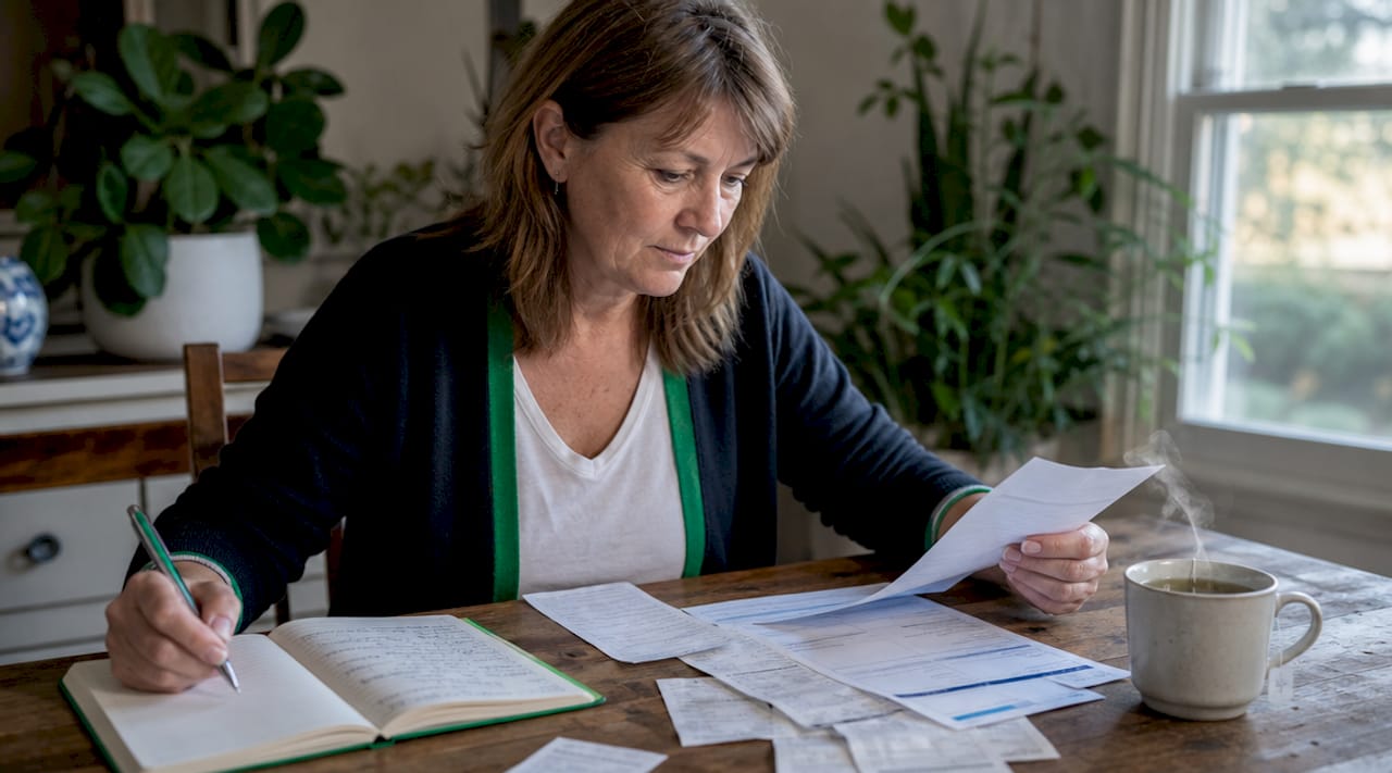 Hands sorting bills and receipts at home desk