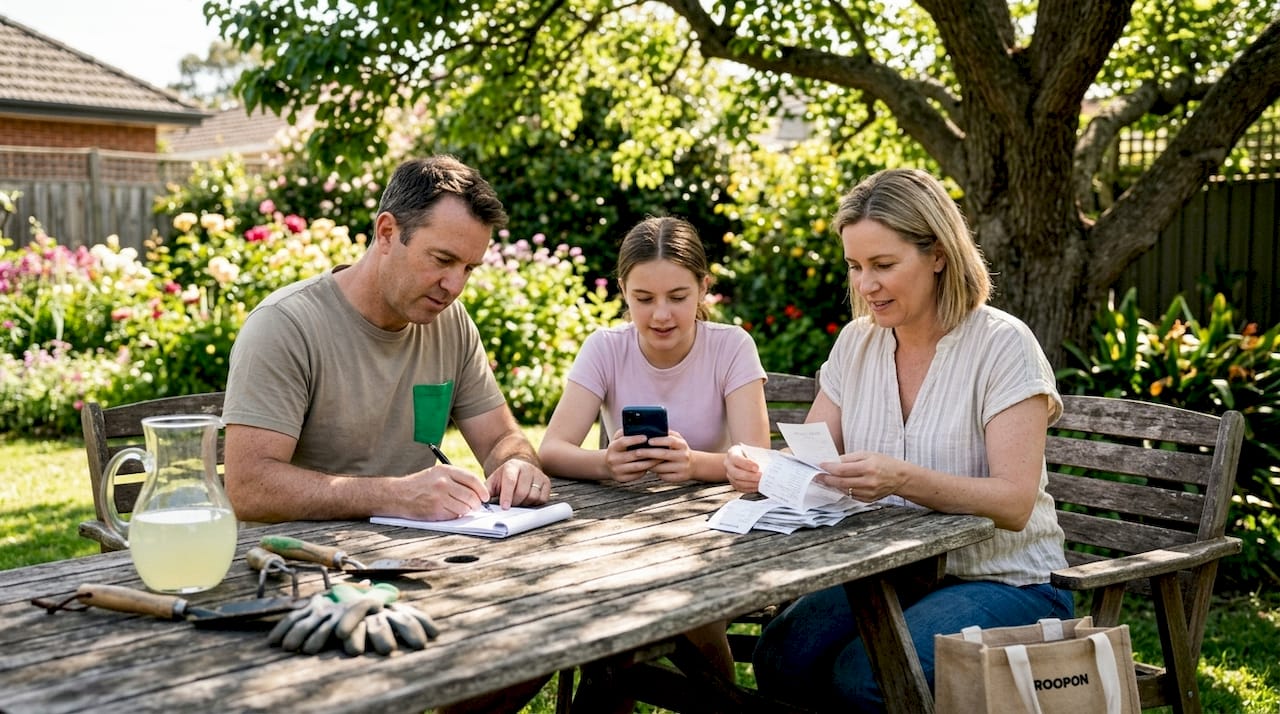 Australian family budgeting at kitchen table