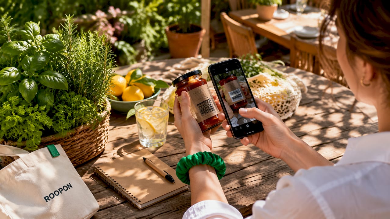 Hands scanning groceries with smartphone in kitchen