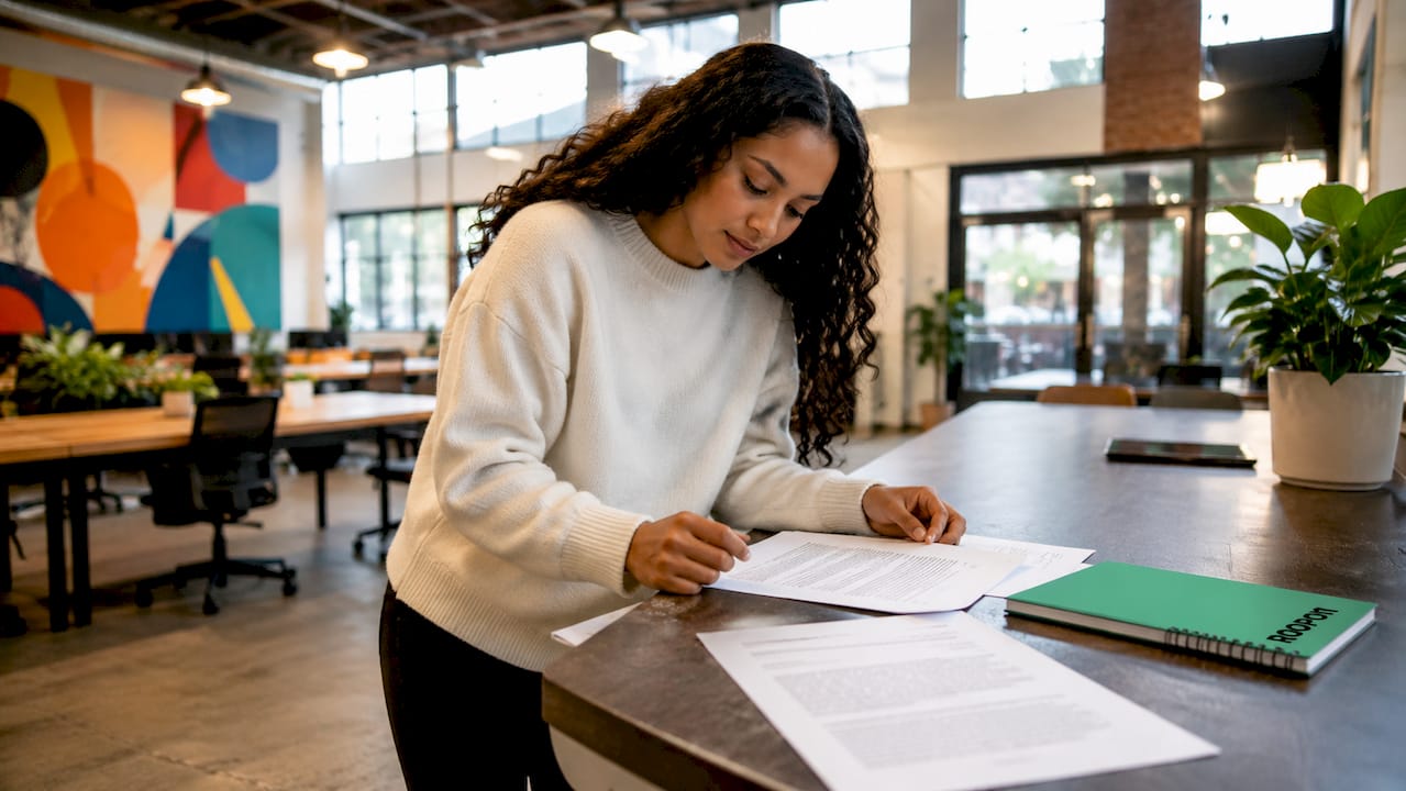 Woman reviewing printed giveaway terms