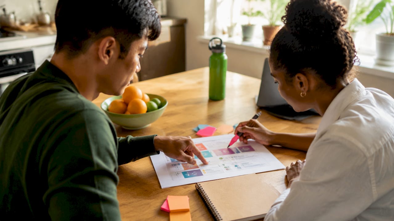 Two people reviewing prize program details