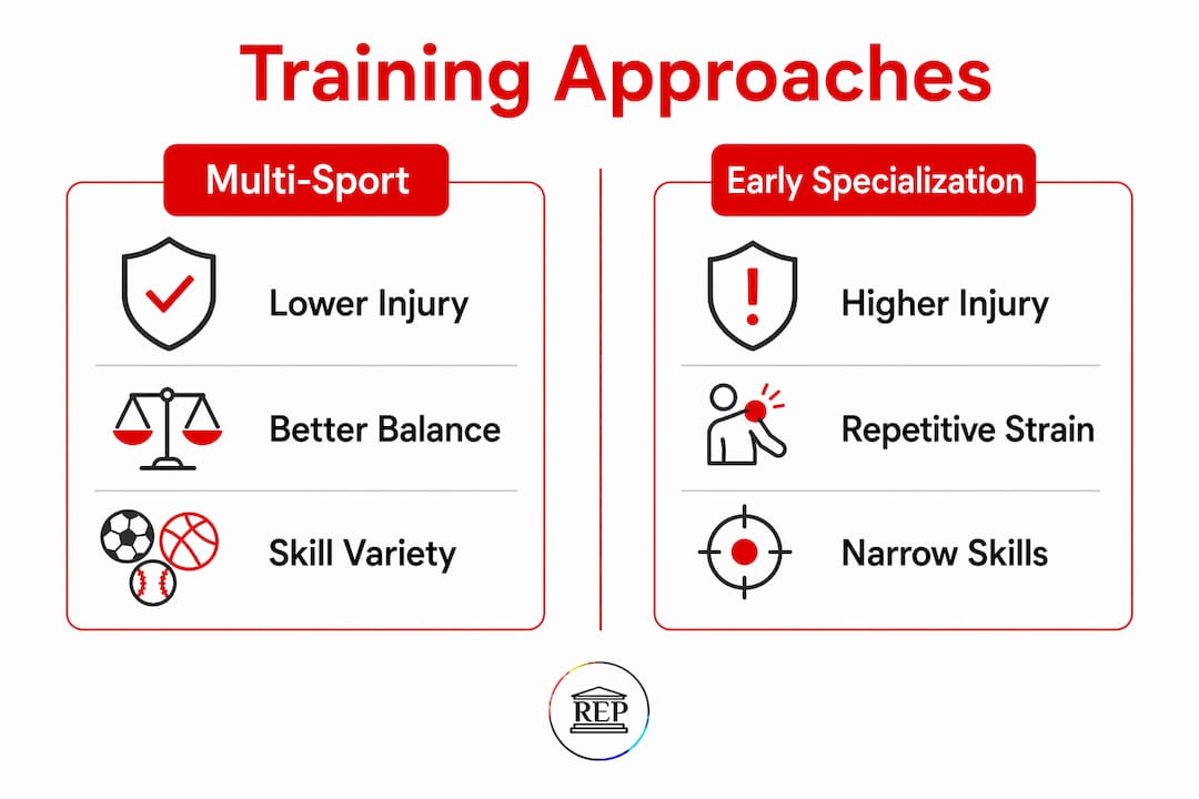 Infographic comparing multi-sport and early specialization benefits