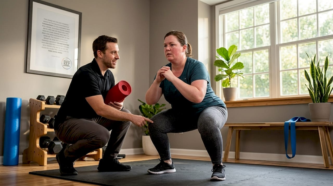 Trainer coaching overweight woman performing squat