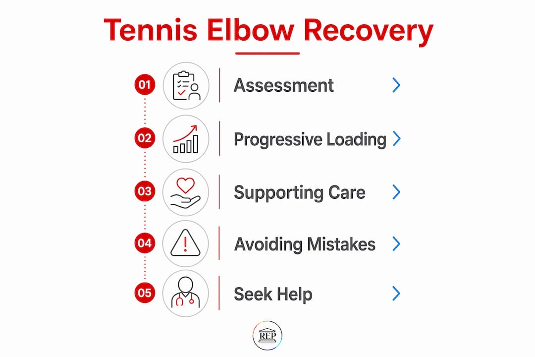 Infographic showing tennis elbow recovery steps with clear stages