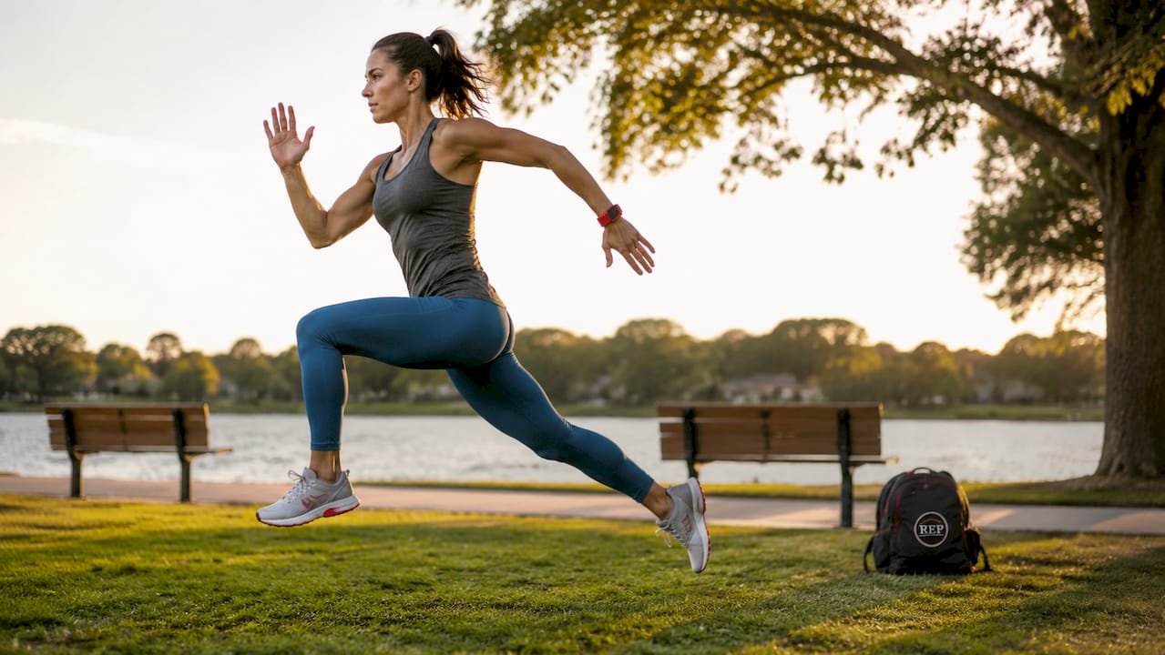 Female athlete bounding during plyometric workout
