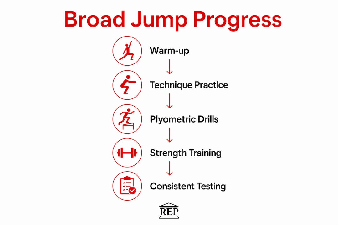 Infographic illustrating five steps for broad jump training progress
