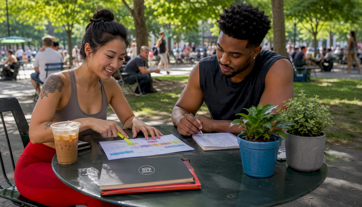 Two people planning weigh-in schedules at café