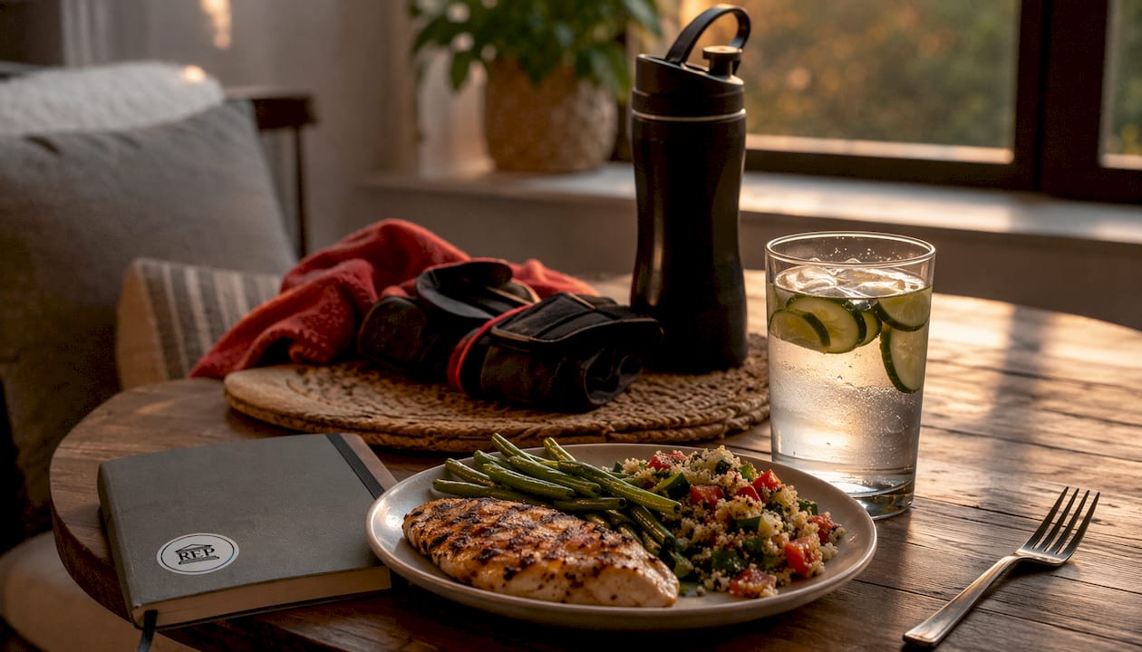 Protein-rich post-workout meal overhead view