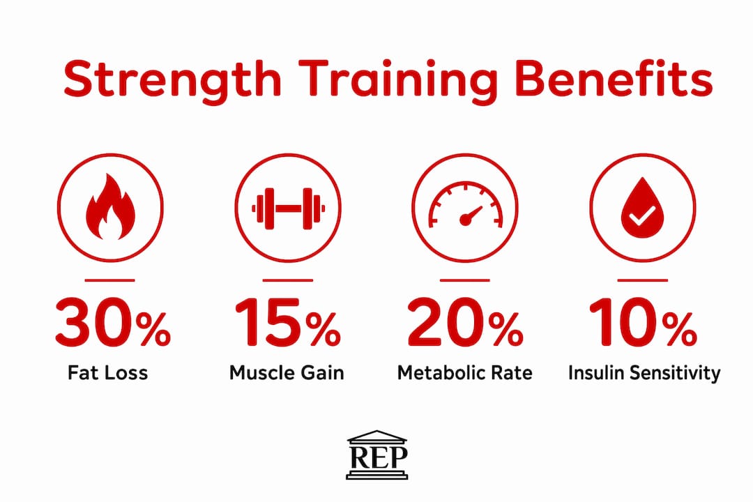 Infographic showing key benefits of strength training for fat loss