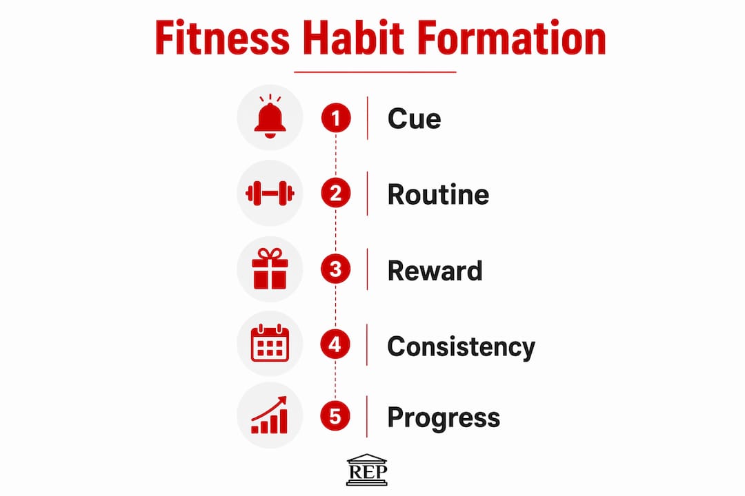 Infographic illustrating stages of fitness habit formation with five steps