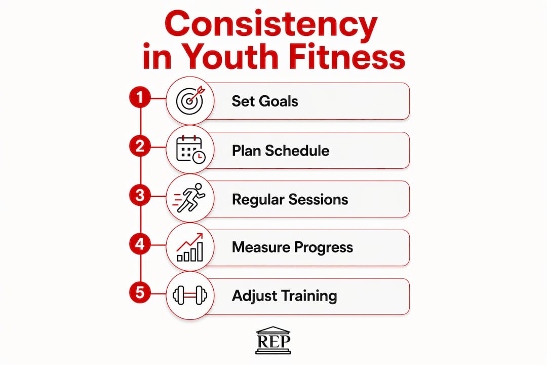 Infographic outlining youth fitness consistency steps