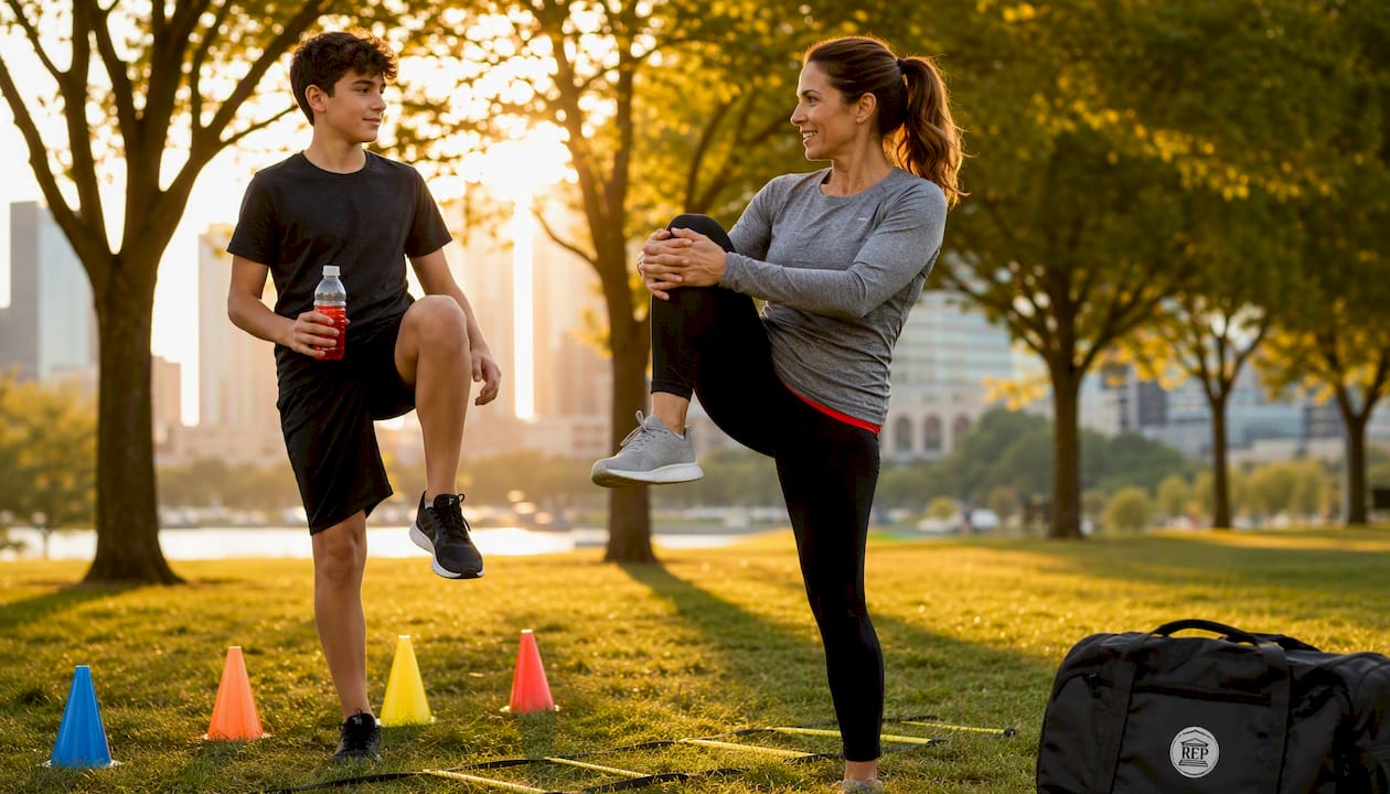 Father and daughter stretching on sports field