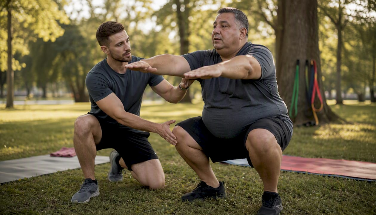 Trainer correcting squat form in gym session