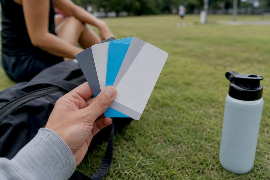 Hand holding multiple colorful fitness class passes