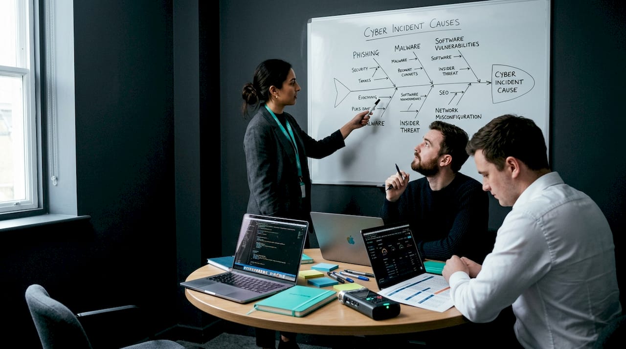 Cybersecurity team discussing root cause analysis