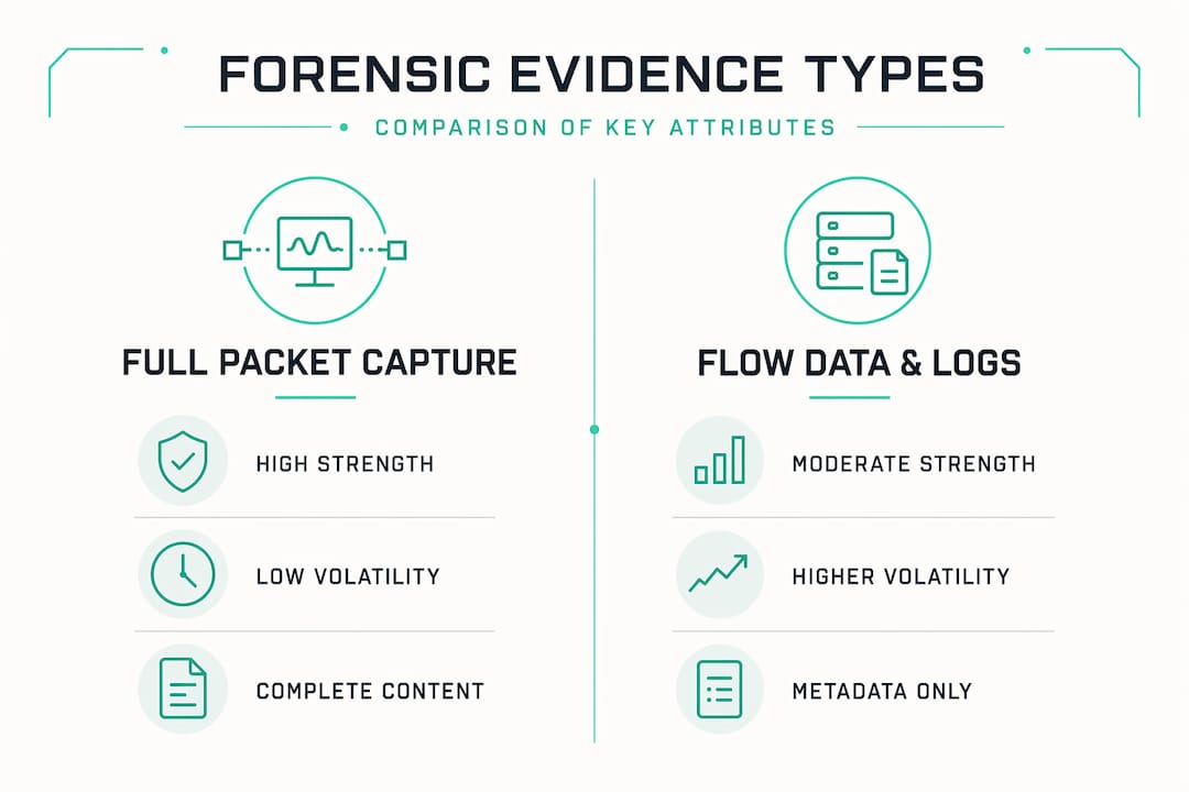 Infographic comparing forensic evidence types in network investigations