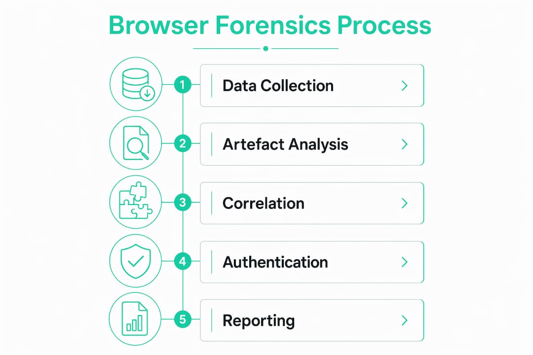 Vertical flow infographic of browser forensics process steps