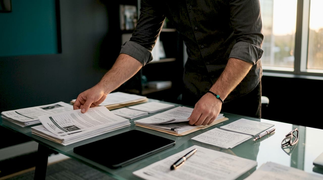 Hands organizing forensic reports on table