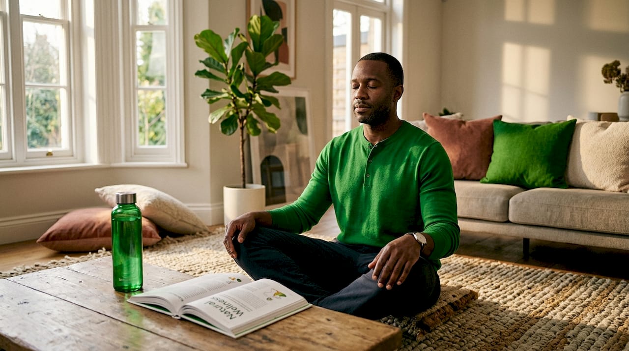 Man practicing calming breathing in living room