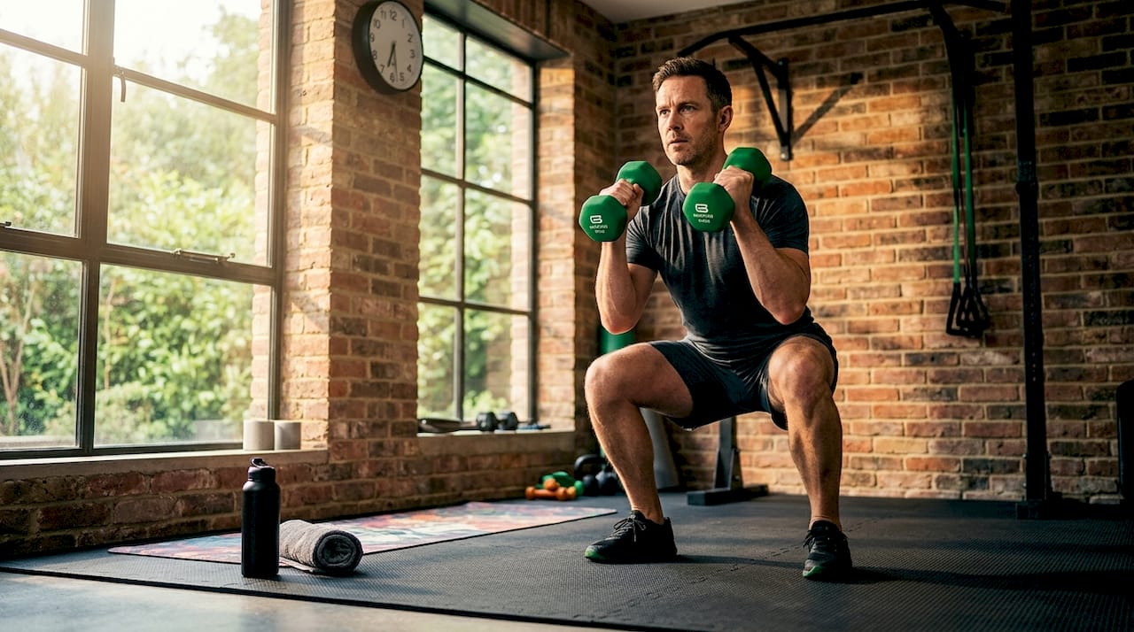 Man doing home squats workout with dumbbells