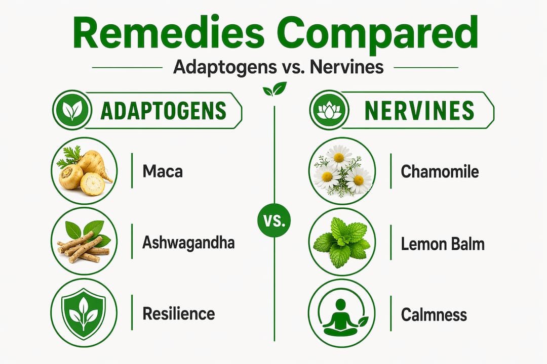 Infographic comparing adaptogens versus nervines