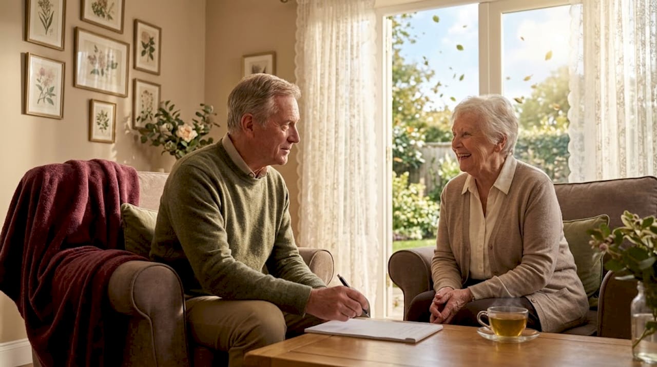Senior man listens, takes notes in living room
