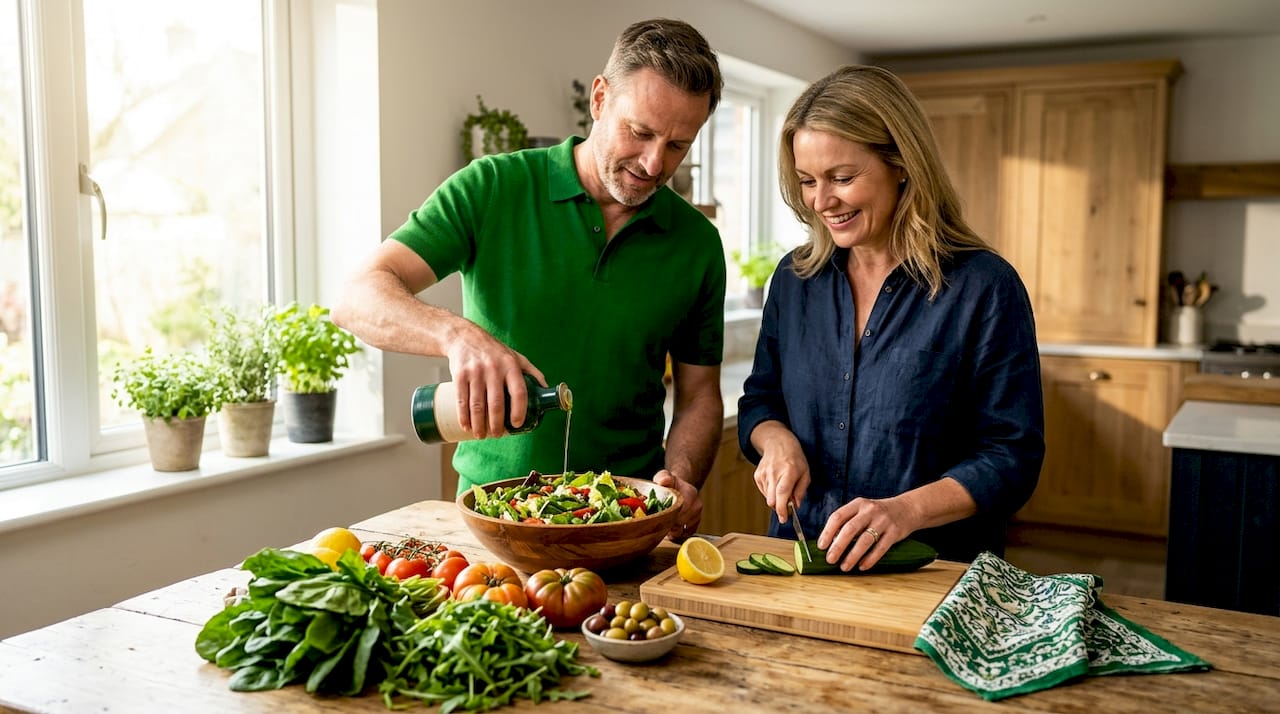 Couple preparing Mediterranean salad in kitchen