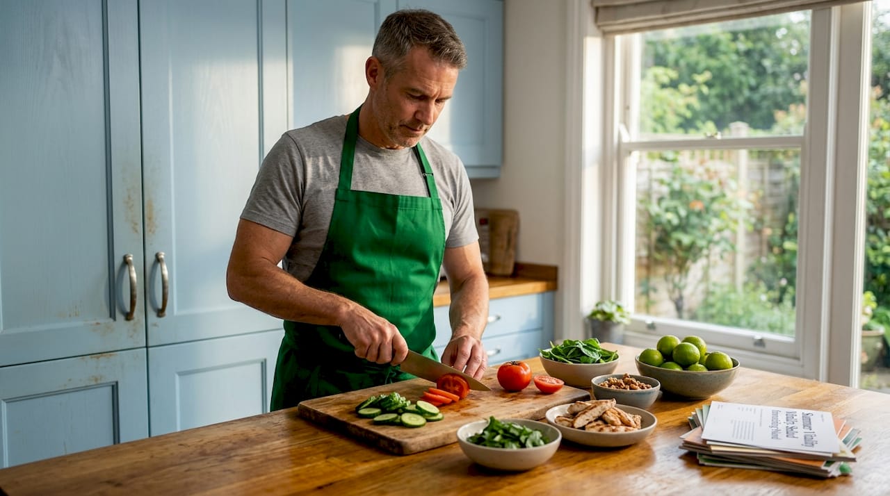Preparing heart-healthy salad in sunlit kitchen
