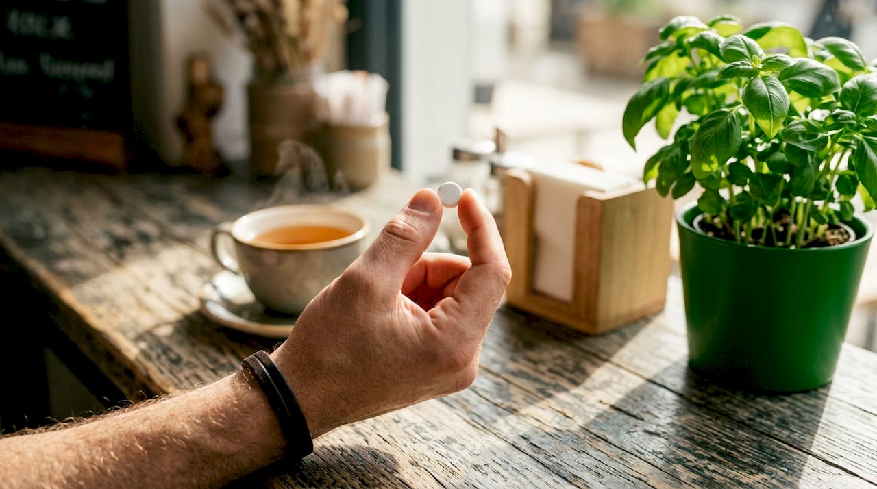 Close-up of male hand holding pill with water glass