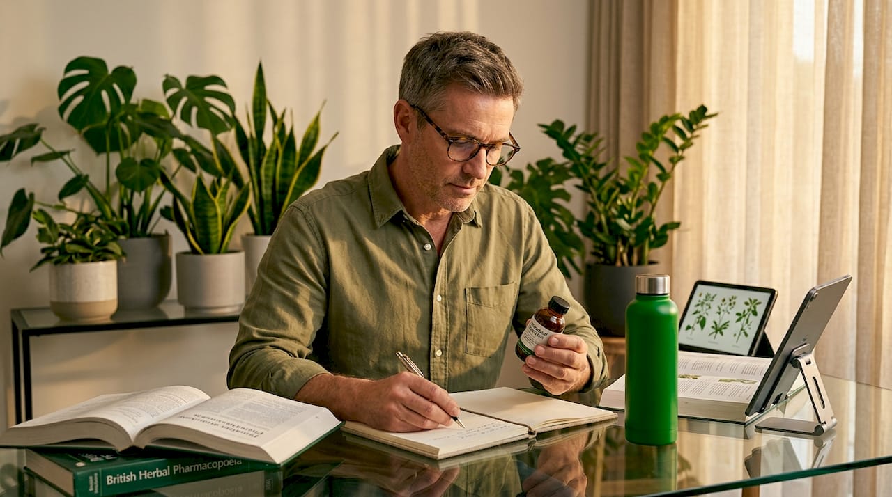 Man examining herbal extract bottle at desk