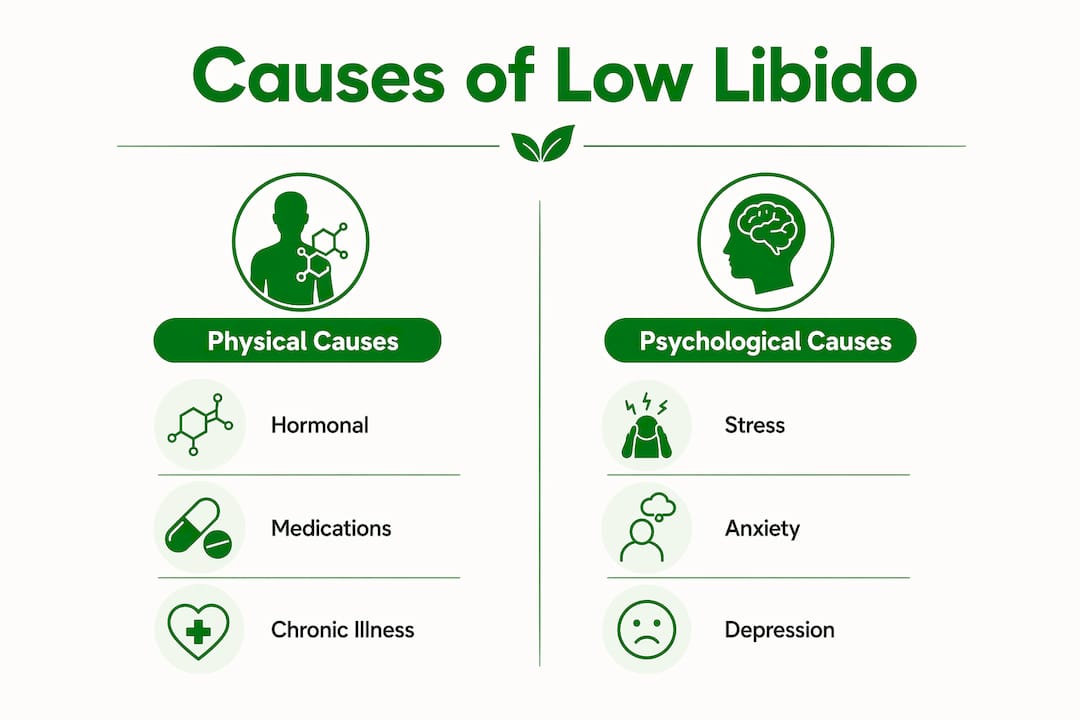 Infographic comparing physical and psychological causes of low libido
