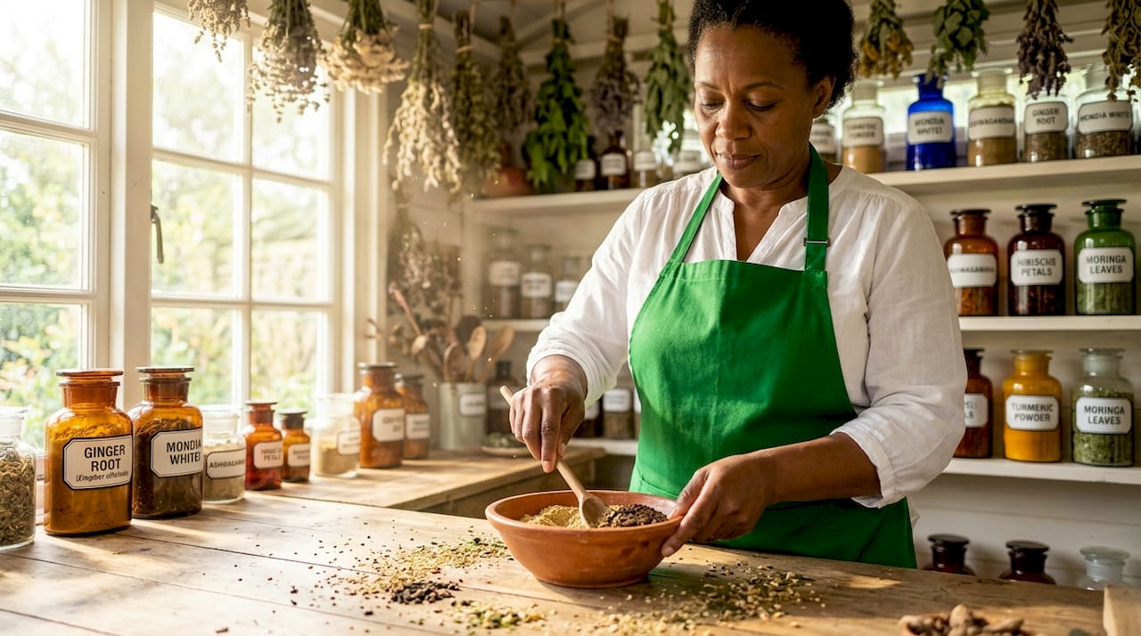 Herbalist mixing powdered African herbs at workbench