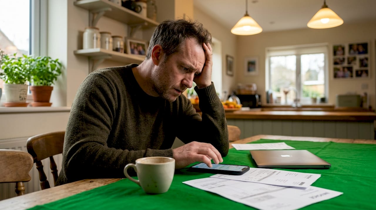 Man showing stress and distraction at kitchen table