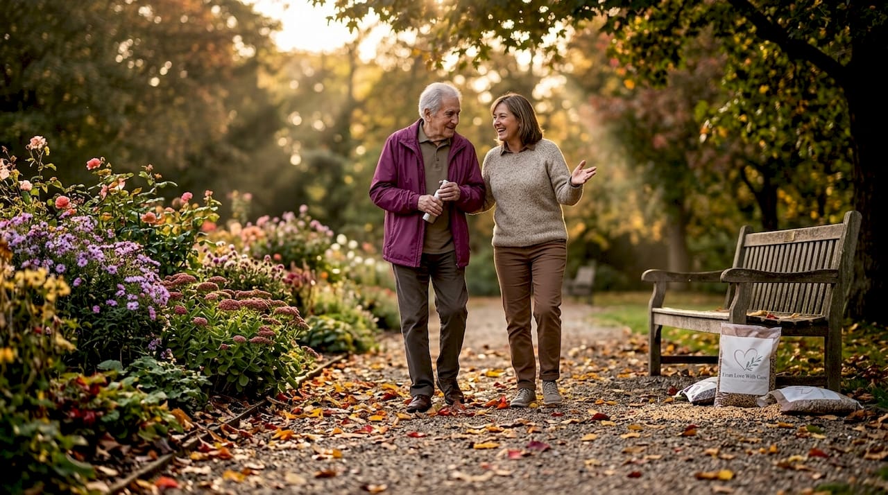 Elderly man walking with companion in park