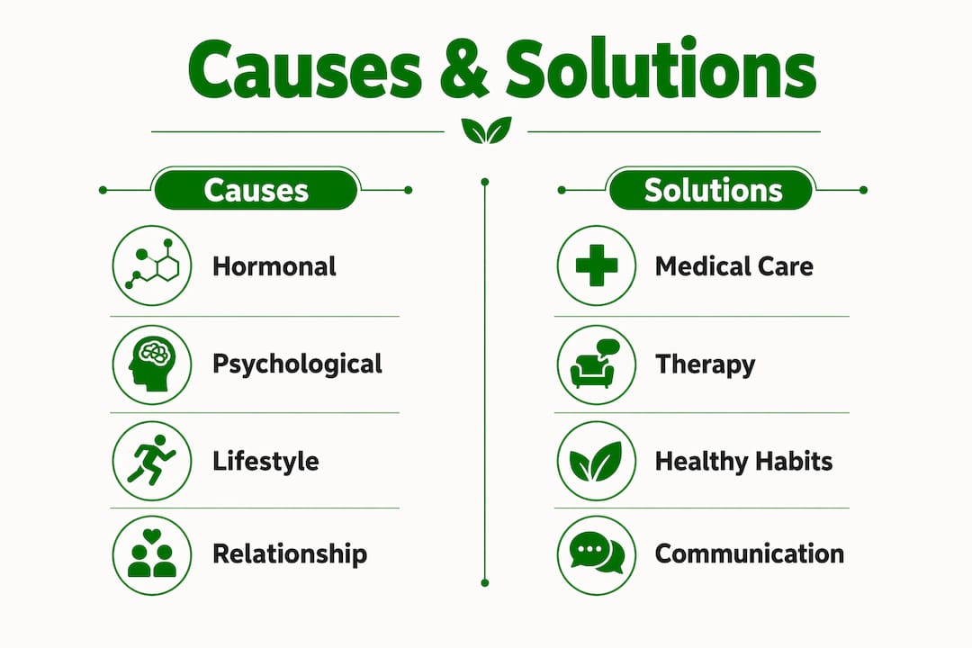 Infographic comparing causes and solutions of male libido loss