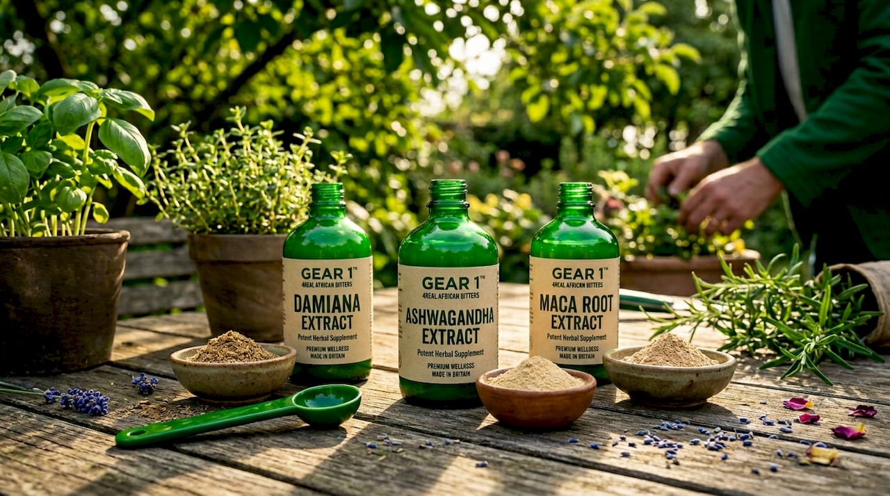 Supplement bottles with herbal powders on kitchen counter