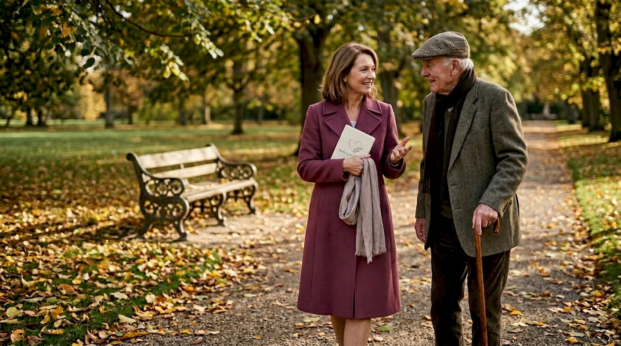 Companion and elderly man walking in park