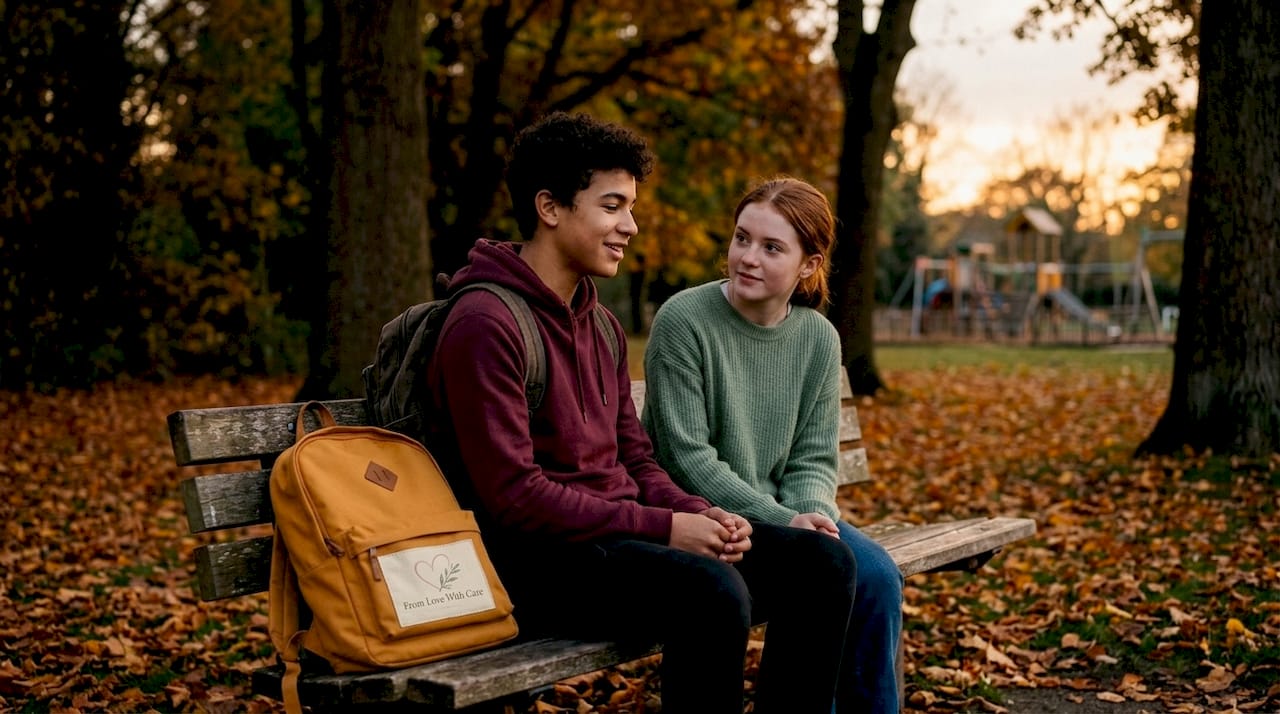 Teen peers talking on park bench