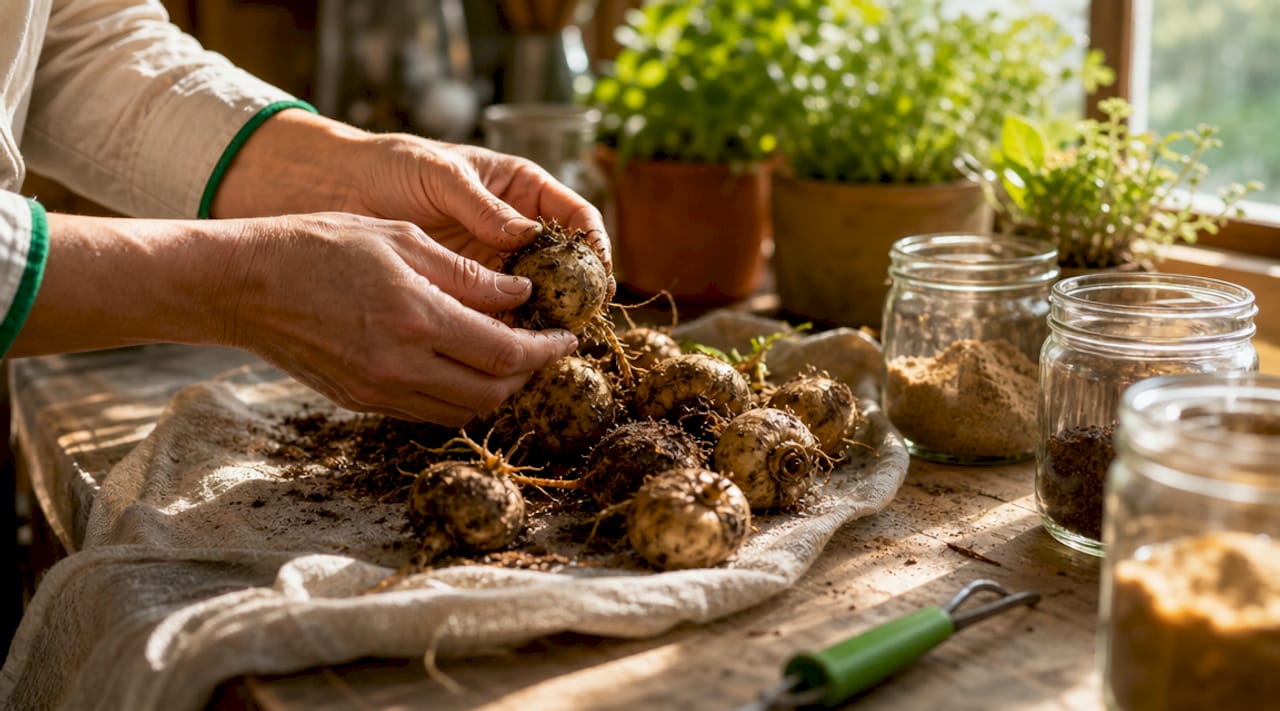 Close-up of hands holding maca root in greenhouse