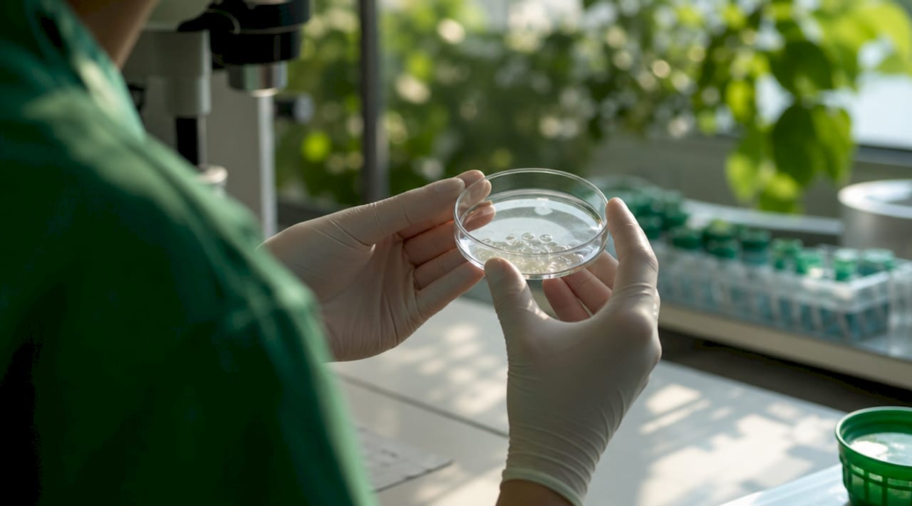 Hands holding sperm sample in fertility lab