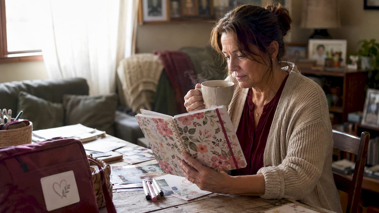 Full-time carer planning with calendar at kitchen table
